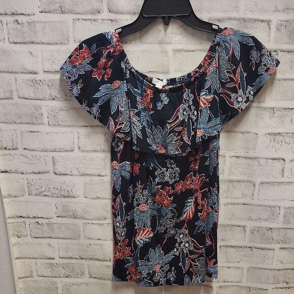 J. Jill Ruffled Cap Sleeve Blouse in Blue and Pink - Picture 1 of 4